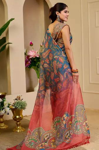 blue red cotton blend zari weaving floral digital print festive saree with unstitched blouse piece
