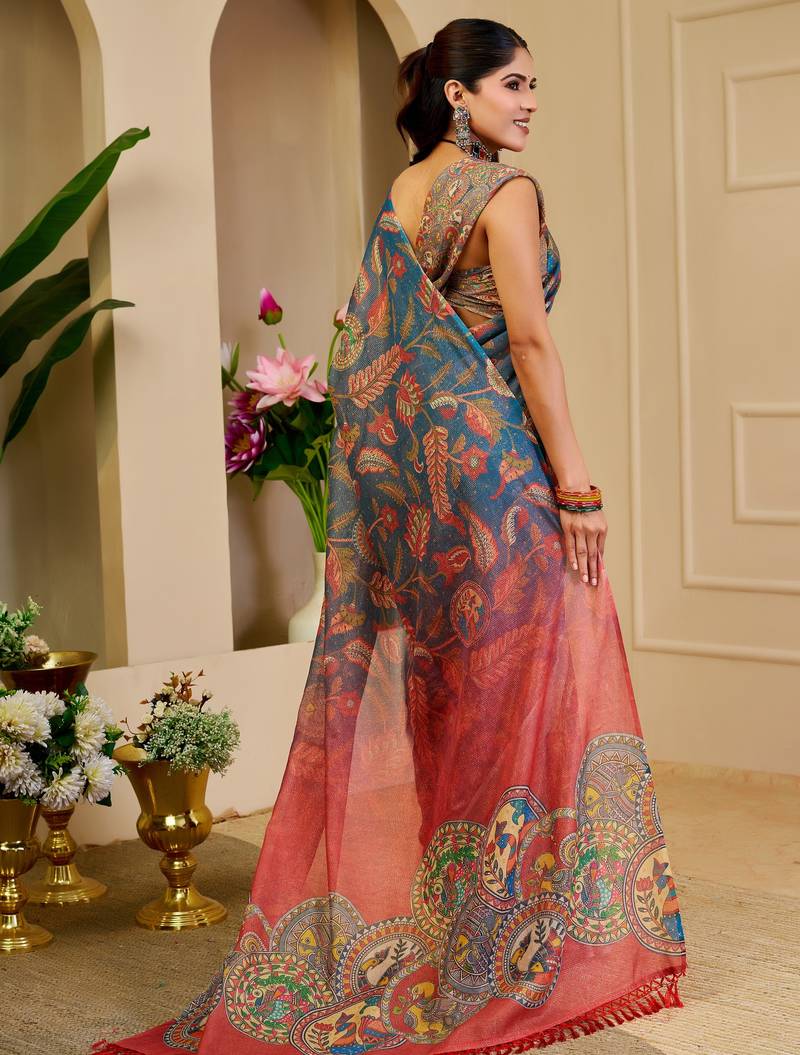 blue red cotton blend zari weaving floral digital print festive saree with unstitched blouse piece