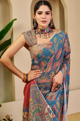 blue red cotton blend zari weaving floral digital print festive saree with unstitched blouse piece