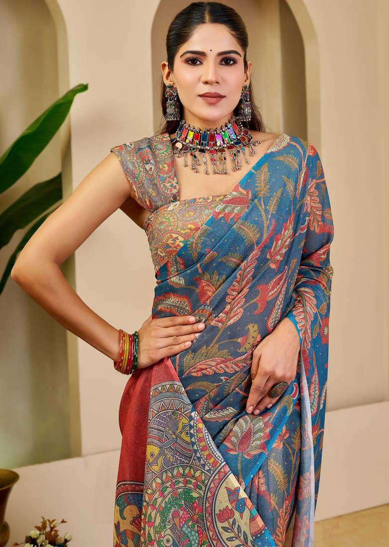 blue red cotton blend zari weaving floral digital print festive saree with unstitched blouse piece