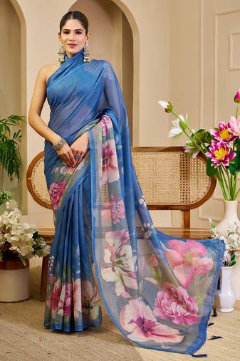 blue cotton blend zari weaving floral digital print festive saree with unstitched blouse piece