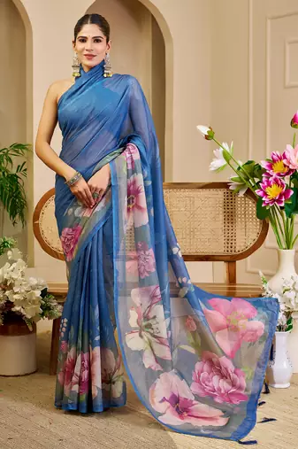 blue cotton blend zari weaving floral digital print festive saree with unstitched blouse piece