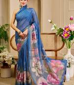 blue cotton blend zari weaving floral digital print festive saree with unstitched blouse piece