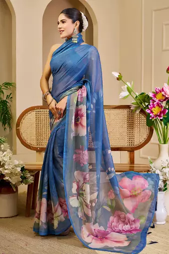 blue cotton blend zari weaving floral digital print festive saree with unstitched blouse piece