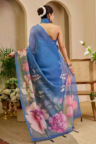 blue cotton blend zari weaving floral digital print festive saree with unstitched blouse piece
