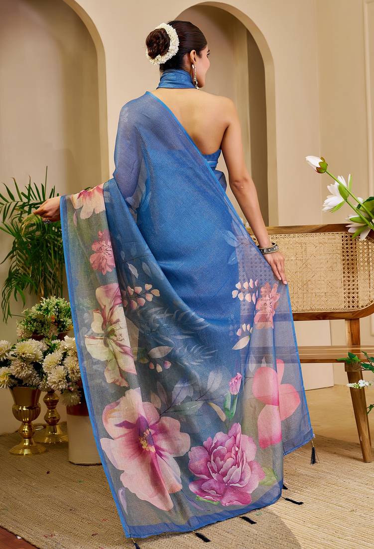 blue cotton blend zari weaving floral digital print festive saree with unstitched blouse piece