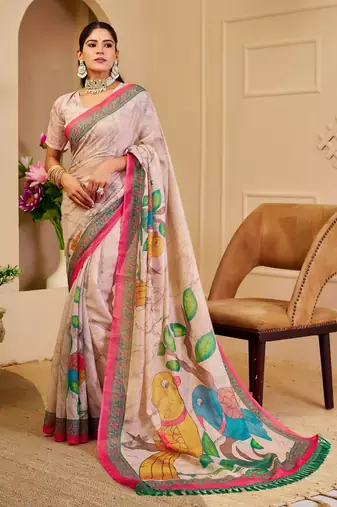 cream cotton blend zari weaving floral digital print festive saree with unstitched blouse piece