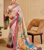 cream cotton blend zari weaving floral digital print festive saree with unstitched blouse piece