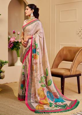 cream cotton blend zari weaving floral digital print festive saree with unstitched blouse piece 2