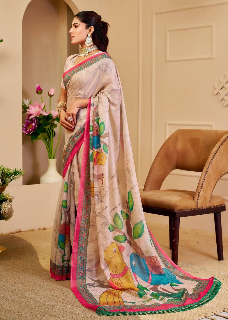 cream cotton blend zari weaving floral digital print festive saree with unstitched blouse piece