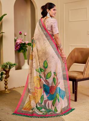 cream cotton blend zari weaving floral digital print festive saree with unstitched blouse piece 3