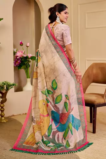 cream cotton blend zari weaving floral digital print festive saree with unstitched blouse piece