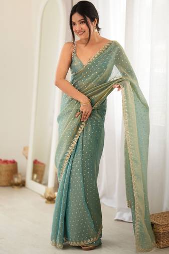 grey smart moss butti designer classy ceremonial saree