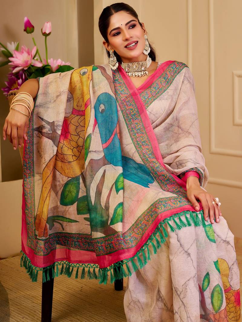cream cotton blend zari weaving floral digital print festive saree with unstitched blouse piece