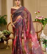 wine cotton blend zari weaving floral digital print festive saree with unstitched blouse piece