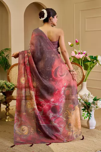 wine cotton blend zari weaving floral digital print festive saree with unstitched blouse piece