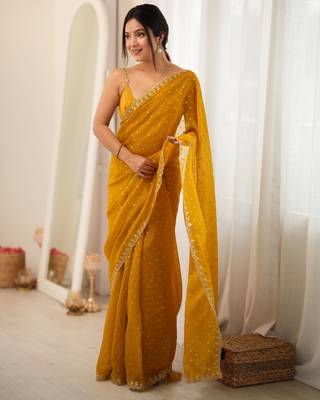 yellow smart moss butti designer classy ceremonial saree 1