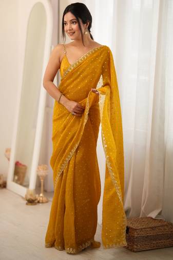 yellow smart moss butti designer classy ceremonial saree