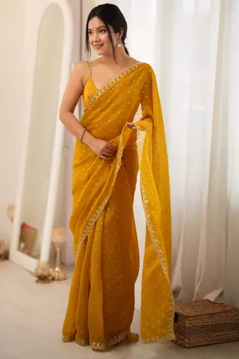 yellow smart moss butti designer classy ceremonial saree