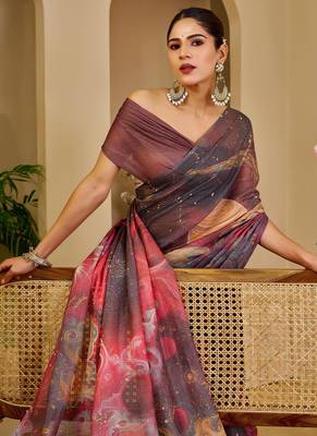 wine cotton blend zari weaving floral digital print festive saree with unstitched blouse piece 5