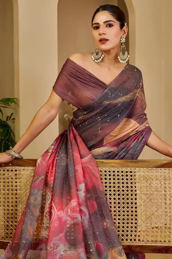 wine cotton blend zari weaving floral digital print festive saree with unstitched blouse piece