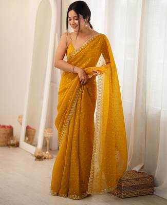 yellow smart moss butti designer classy ceremonial saree 2
