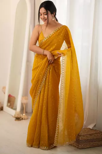 yellow smart moss butti designer classy ceremonial saree