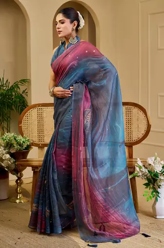 morpich pink cotton blend zari weaving floral digital print festive saree with unstitched blouse piece
