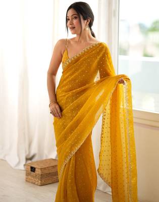 yellow smart moss butti designer classy ceremonial saree 3