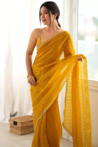 yellow smart moss butti designer classy ceremonial saree