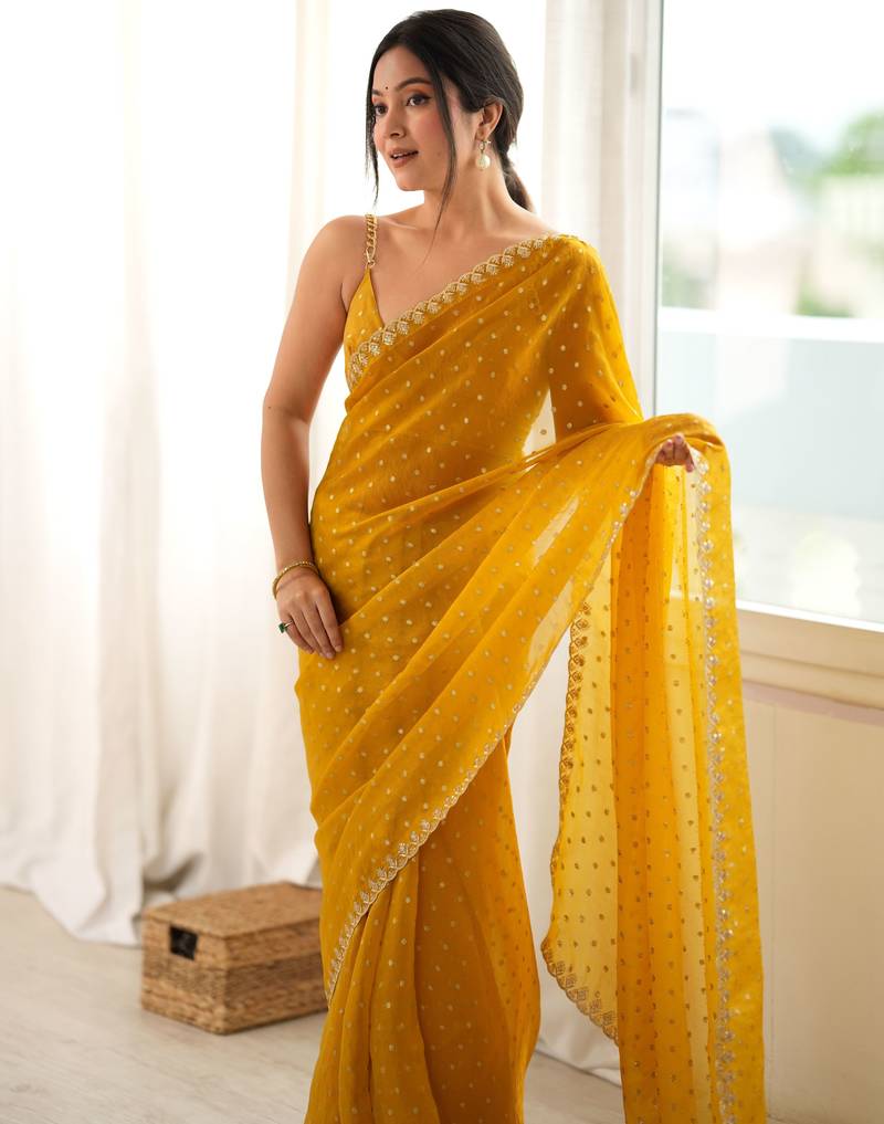 yellow smart moss butti designer classy ceremonial saree
