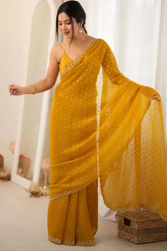 yellow smart moss butti designer classy ceremonial saree