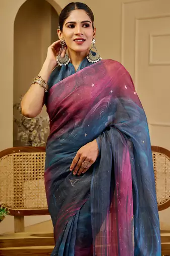 morpich pink cotton blend zari weaving floral digital print festive saree with unstitched blouse piece