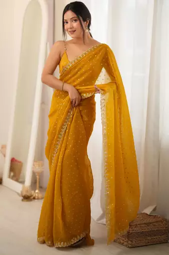 yellow smart moss butti designer classy ceremonial saree