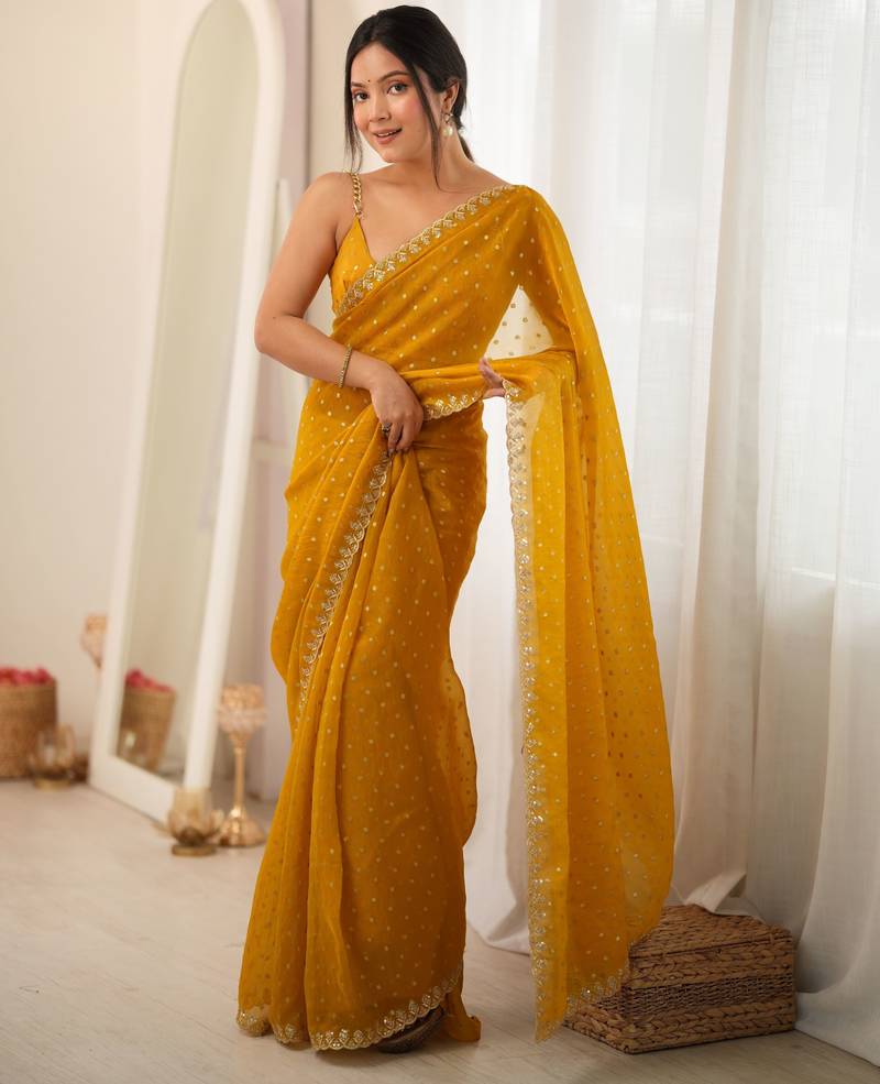 yellow smart moss butti designer classy ceremonial saree