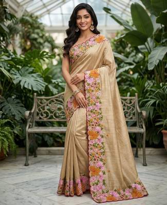 beige smart manipuri silk blend saree with multy thread embroidery work looks 1