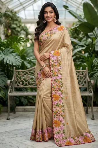 beige smart manipuri silk blend saree with multy thread embroidery work looks