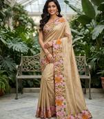beige smart manipuri silk blend saree with multy thread embroidery work looks