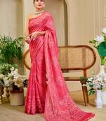 pink cotton blend zari weaving floral digital print festive saree with unstitched blouse piece