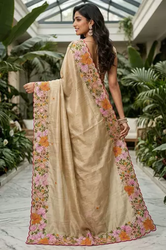 beige smart manipuri silk blend saree with multy thread embroidery work looks