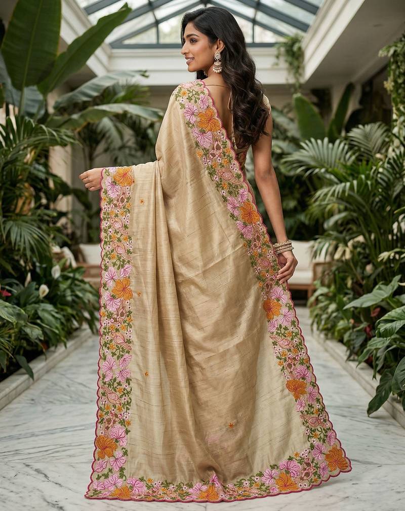 beige smart manipuri silk blend saree with multy thread embroidery work looks