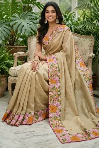beige smart manipuri silk blend saree with multy thread embroidery work looks
