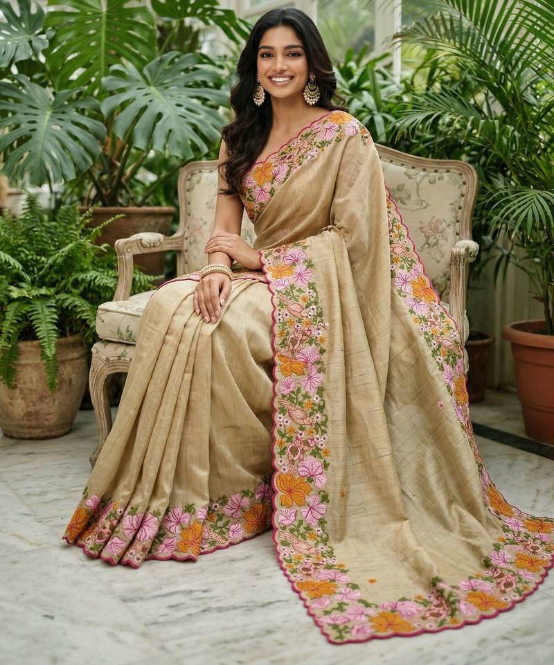 beige smart manipuri silk blend saree with multy thread embroidery work looks