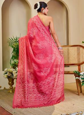 pink cotton blend zari weaving floral digital print festive saree with unstitched blouse piece 3
