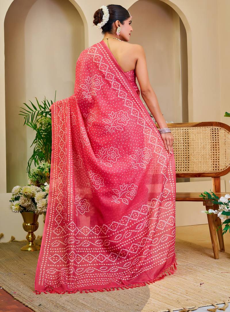 pink cotton blend zari weaving floral digital print festive saree with unstitched blouse piece
