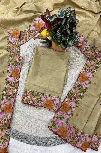 beige smart manipuri silk blend saree with multy thread embroidery work looks