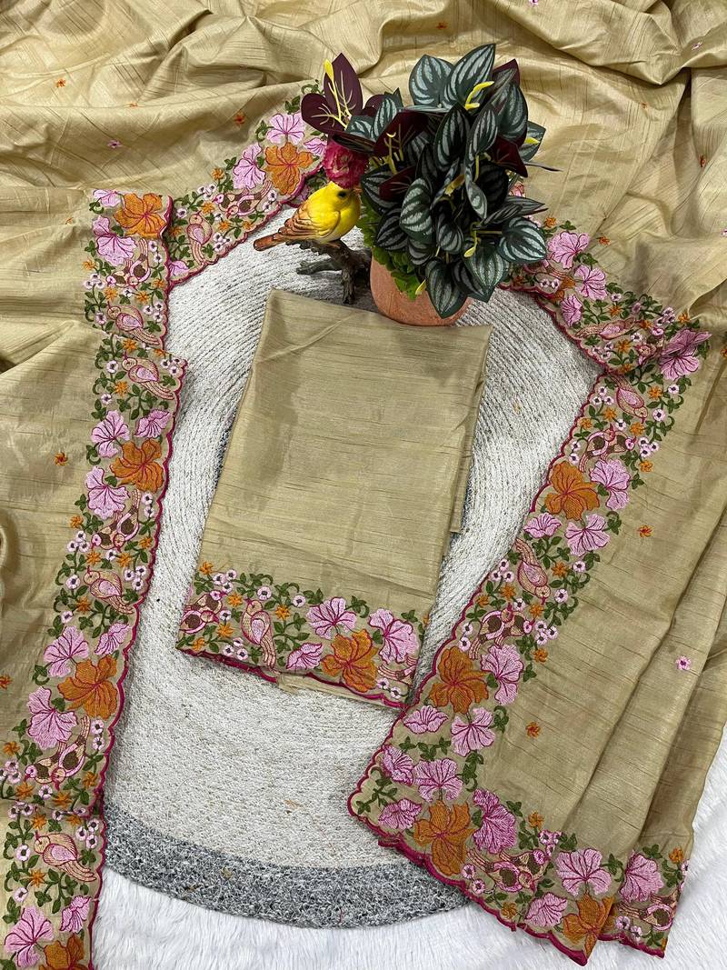 beige smart manipuri silk blend saree with multy thread embroidery work looks