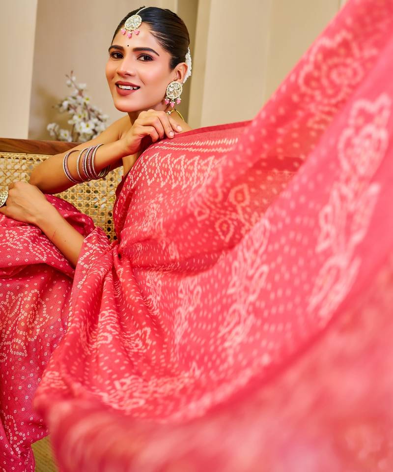 pink cotton blend zari weaving floral digital print festive saree with unstitched blouse piece