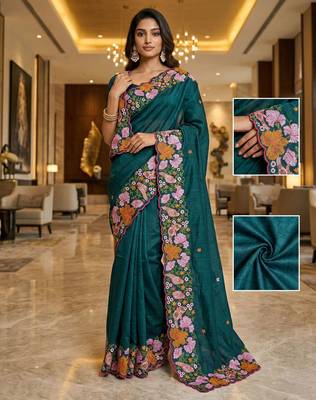 green smart manipuri silk blend saree with multy thread embroidery work looks 1