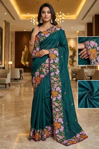 green smart manipuri silk blend saree with multy thread embroidery work looks